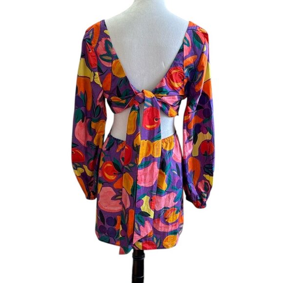 FARM Rio Long-Sleeve Poplin Colorful Open Back Puff Sleeve Mini Dress Size M NWT - Picture 4 of 14
